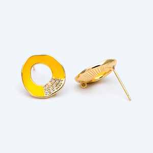 10pcs CZ Paved Circle Ear Posts, Yellow Enamel Stud Earrings with Loops