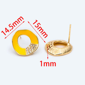 10pcs CZ Paved Circle Ear Posts, Yellow Enamel Stud Earrings with Loops