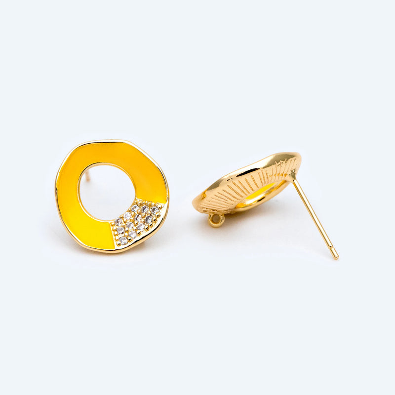 10pcs CZ Paved Circle Ear Posts, Yellow Enamel Stud Earrings with Loops
