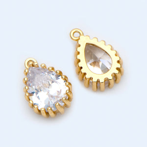 10pcs CZ Teardrop Charms 11x7mm, Plated Brass Pendants, Clear Cubic Zirconia