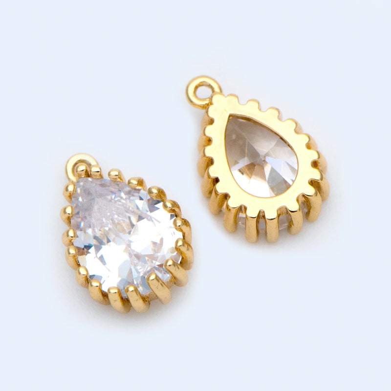 10pcs CZ Teardrop Charms 11x7mm, Plated Brass Pendants, Clear Cubic Zirconia