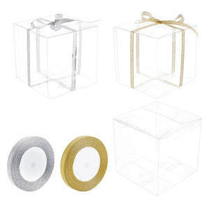 10pcs Clear Plastic Boxes Foldable Square PVC Box with Glitter Ribbon