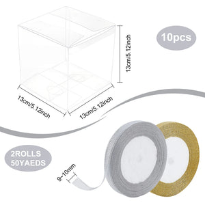 10pcs Clear Plastic Boxes Foldable Square PVC Box with Glitter Ribbon