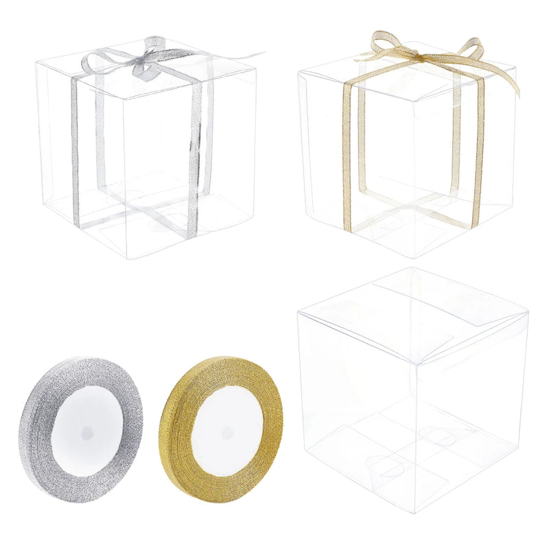 10pcs Clear Plastic Boxes Foldable Square PVC Box with Glitter Ribbon