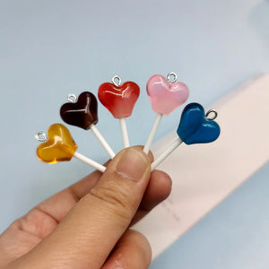 10pcs Colorful Resin Heart Lollipop Charms for DIY Necklace Keychain C538