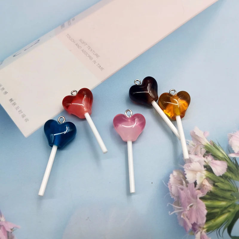 10pcs Colorful Resin Heart Lollipop Charms for DIY Necklace Keychain C538