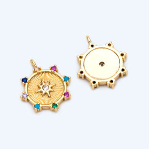 10pcs Colourful CZ Paved North Star Round Disc Charm, Coin Pendant