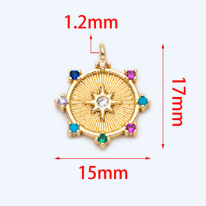 10pcs Colourful CZ Paved North Star Round Disc Charm, Coin Pendant