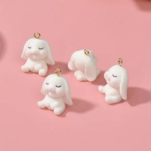 10pcs Flocked Rabbit Pendant 3D Plush Bunny Resin Charm DIY Keychain