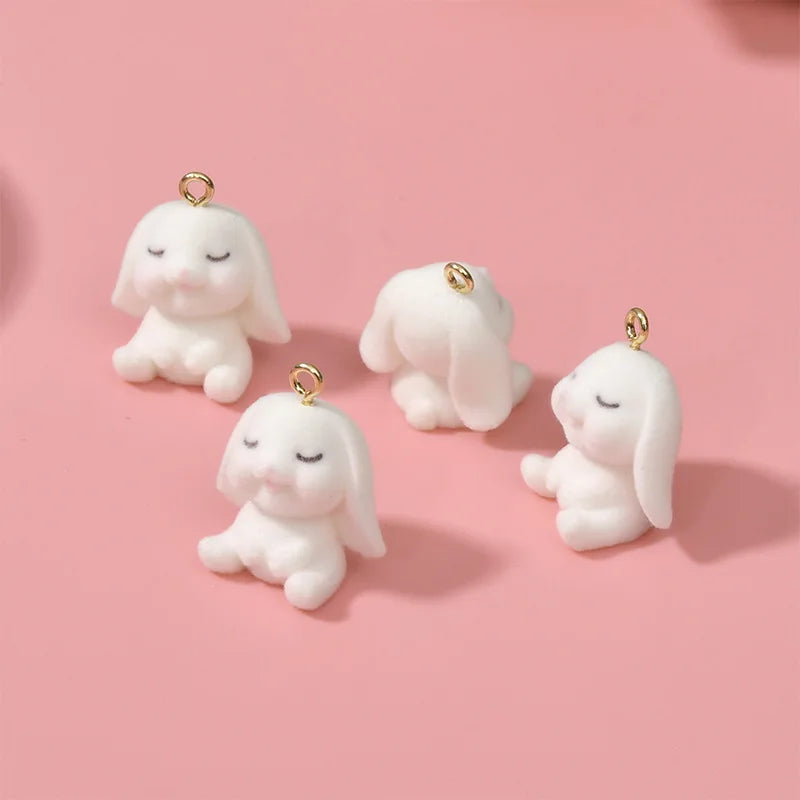 10pcs Flocked Rabbit Pendant 3D Plush Bunny Resin Charm DIY Keychain