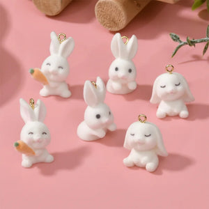 10pcs Flocked Rabbit Pendant 3D Plush Bunny Resin Charm DIY Keychain