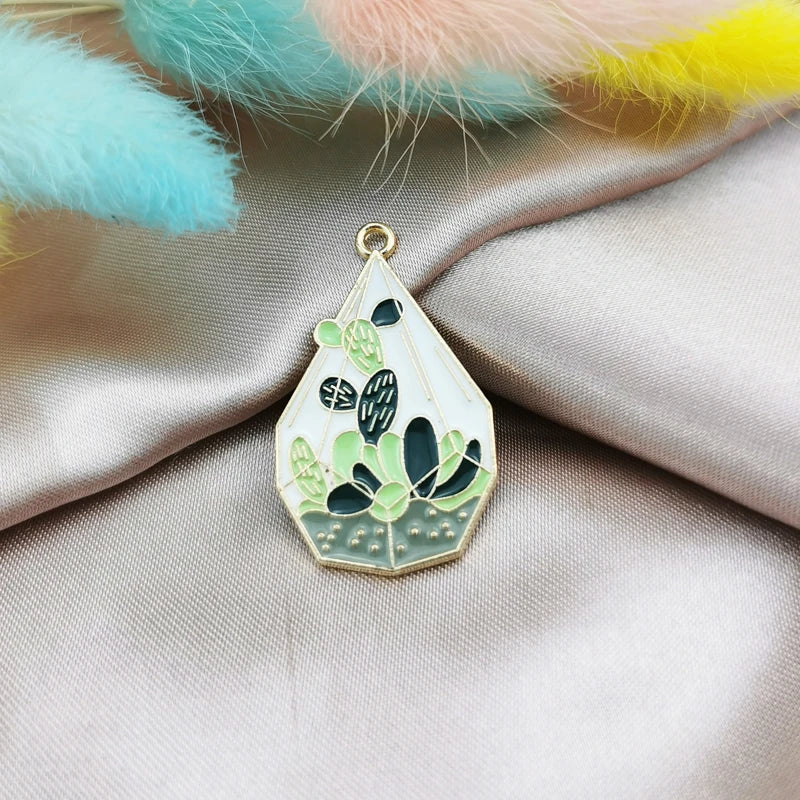 10pcs Enamel Green Plant Potted Cactus Metal Charms Pendants