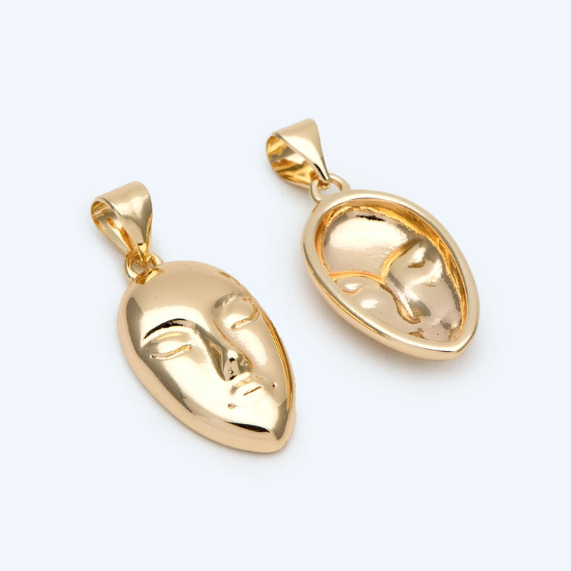 10pcs Face Charm With Bail, 18K Plated Brass, Jewelry Making Pendant