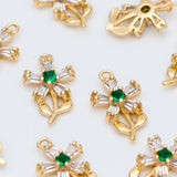 10pcs CZ Flower Charms, 18K Brass Plated, Cubic Zirconia Pendants DIY Jewelry