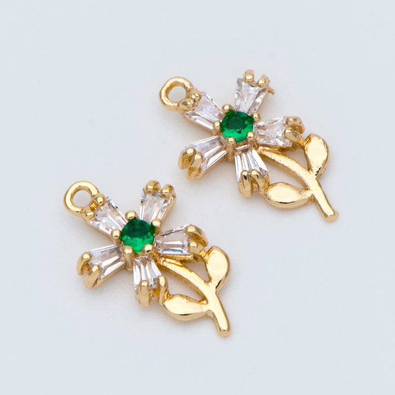 10pcs CZ Flower Charms, 18K Brass Plated, Cubic Zirconia Pendants DIY Jewelry