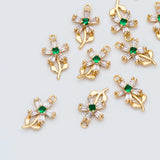 10pcs CZ Flower Charms, 18K Brass Plated, Cubic Zirconia Pendants DIY Jewelry
