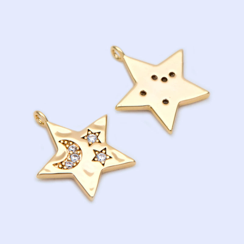 10pcs CZ Paved Moon Star Charms 13x12mm, Real plated Brass