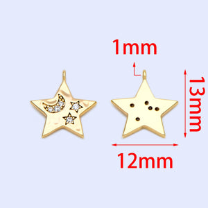 10pcs CZ Paved Moon Star Charms 13x12mm, Real plated Brass