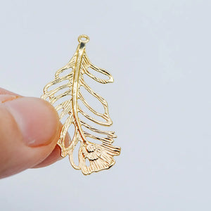 10pcs Filigree Feather Charms, 18K Plated Brass, Lead Nickel, 34x17mm