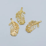 10pcs Filigree Feather Charms, 18K Plated Brass, Lead Nickel, 34x17mm