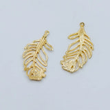 10pcs Filigree Feather Charms, 18K Plated Brass, Lead Nickel, 34x17mm