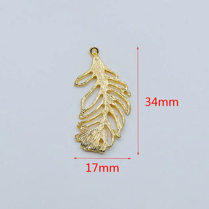10pcs Filigree Feather Charms, 18K Plated Brass, Lead Nickel, 34x17mm
