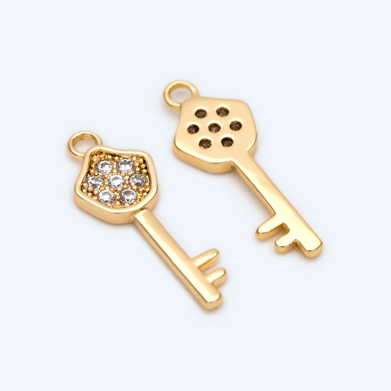10pcs Key Charm CZ Paved Pendants 15x6mm Brass Jewelry DIY Craft