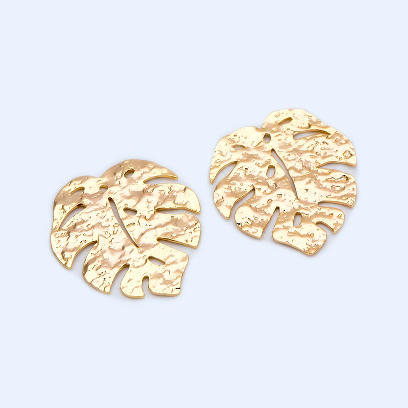 10pcs Plated Brass Monstera Leaf Charms 30mm Hammered Palm Tree Pendants