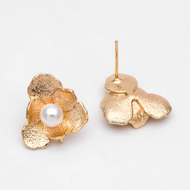 10pcs Rough Flower Ear Posts 15x15mm, Pearl Peg Earring Mounts