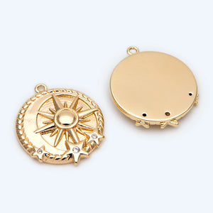 10pcs CZ Paved Sun & Star Charms, 18K Plated Brass, 22x18.5mm