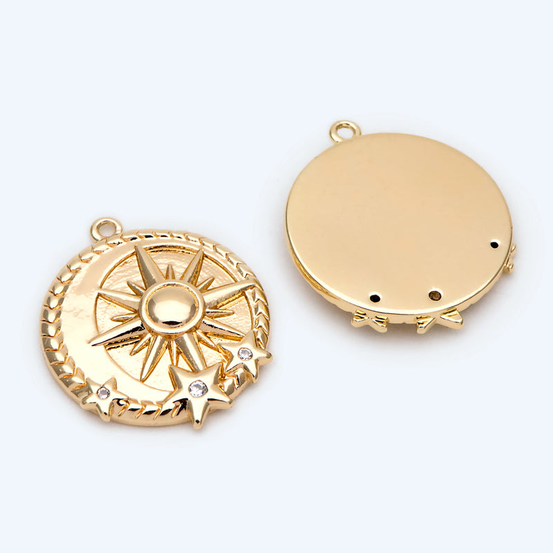 10pcs CZ Paved Sun & Star Charms, 18K Plated Brass, 22x18.5mm