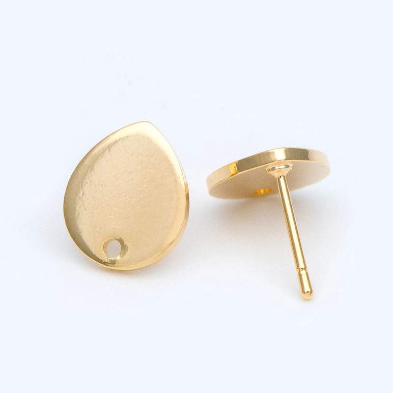 10pcs Teardrop Ear Posts 12x10mm, 18K Plated Brass