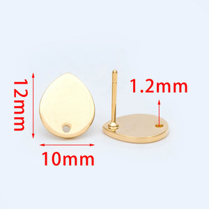 10pcs Teardrop Ear Posts 12x10mm, 18K Plated Brass