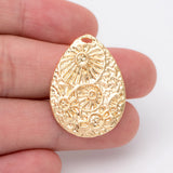 10pcs Teardrop Flower Textured Pendants 21x28mm, Brass Charms