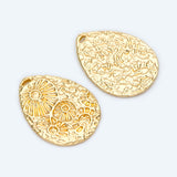 10pcs Teardrop Flower Textured Pendants 21x28mm, Brass Charms