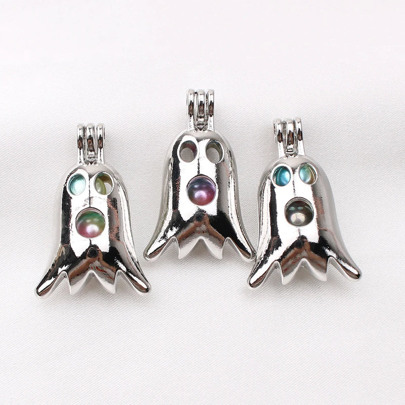 10pcs Halloween Ghost Pearl Cage Pendant Silver Plated Oil Diffuser Necklace