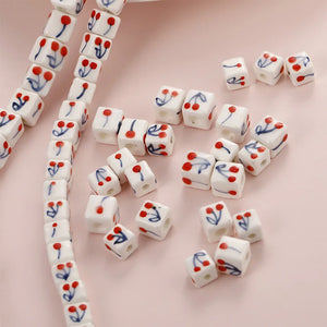 10pcs Hand Painted Cherry Square Ceramic Beads 8x8mm 10x10mm