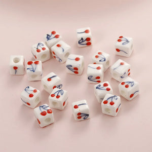 10pcs Hand Painted Cherry Square Ceramic Beads 8x8mm 10x10mm