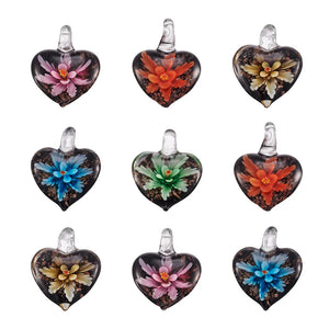 10pcs Lampwork Heart Pendants Inner Flower Pendant Mix for Necklace Making