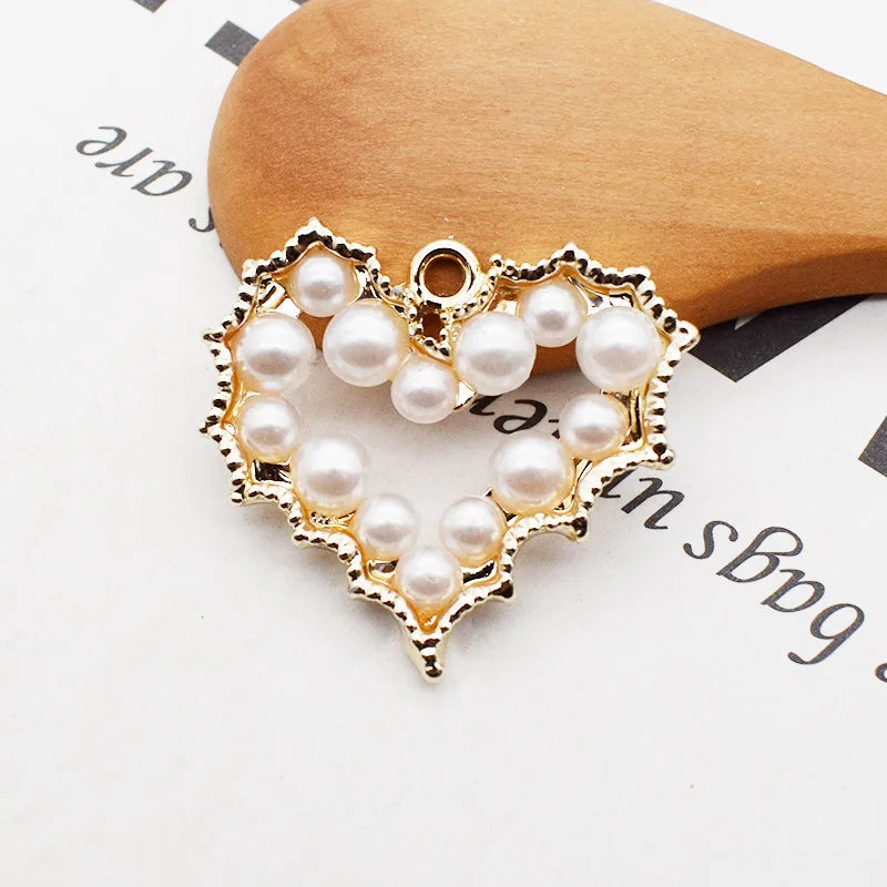 10pcs Alloy Heart Shape Pendant with Hollow Pearls Silver DIY Jewelry