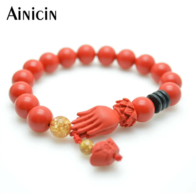 10pcs Red Cinnabar Hand Charm Bangles 8mm Round Beads Bracelets
