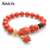 10pcs Red Cinnabar Hand Charm Bangles 8mm Round Beads Bracelets