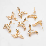 10pcs Hollow Irregular Ear Posts, 18K Plated Brass Stud Earring Components