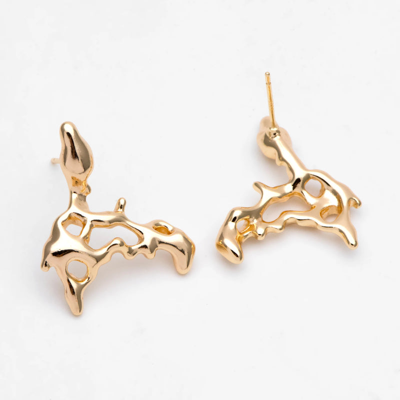 10pcs Hollow Irregular Ear Posts, 18K Plated Brass Stud Earring Components