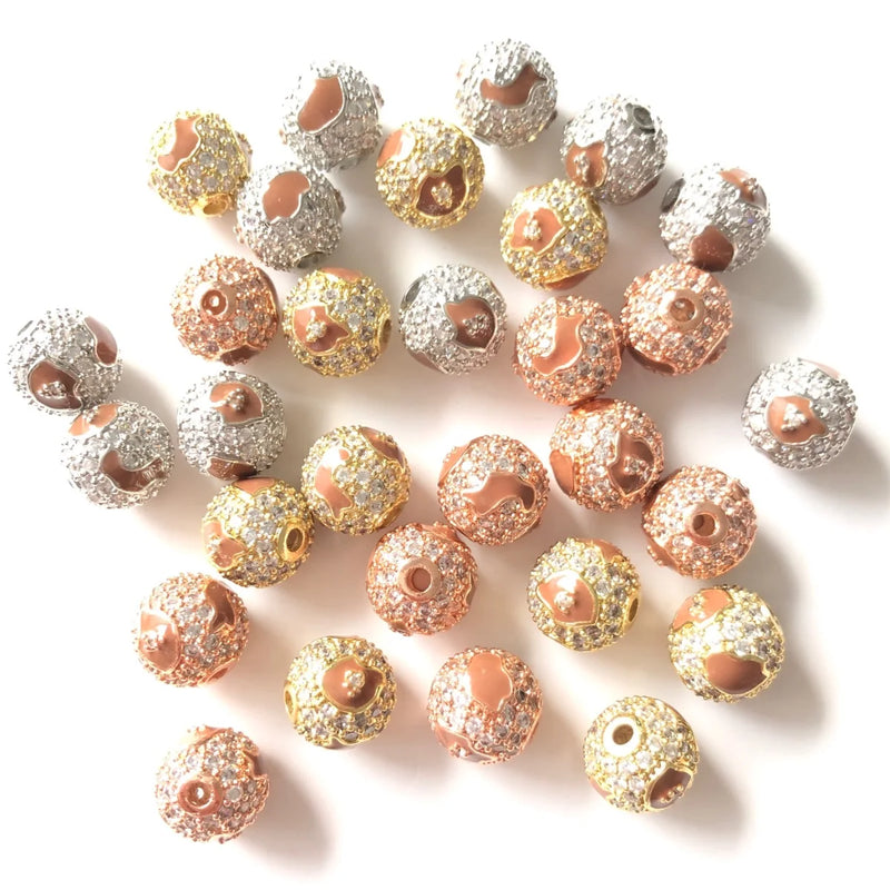 10pcs 10mm Brwn Leopard Print Zirconia Paved Ball Spacers Beads