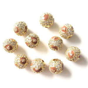 10pcs 10mm Brwn Leopard Print Zirconia Paved Ball Spacers Beads