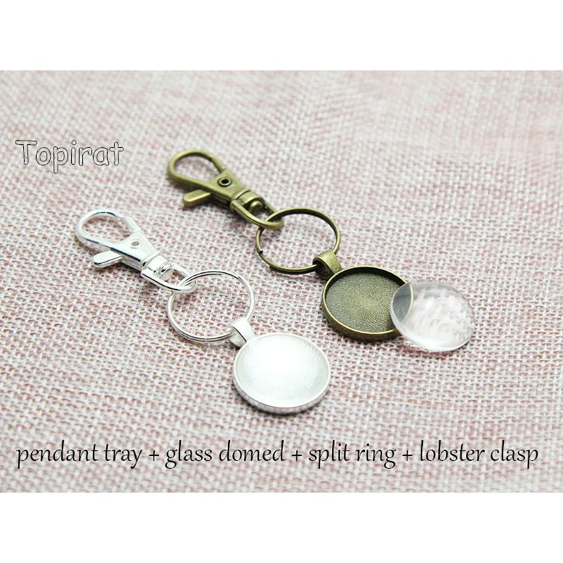10pcs 20mm Blank Keychain Cabochons Pendant Tray+25mm Split Ring+20mm Glass Dome