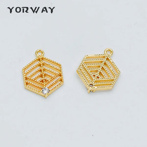 10pcs CZ Paved Filigree Charms 18x13mm Real Plated Brass Hexagon Pendants
