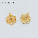 10pcs CZ Paved Filigree Charms 18x13mm Real Plated Brass Hexagon Pendants