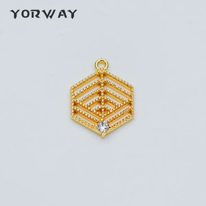 10pcs CZ Paved Filigree Charms 18x13mm Real Plated Brass Hexagon Pendants